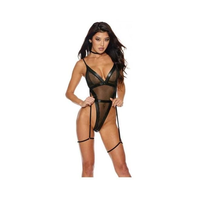 Mesh & Stretch Faux Leather Teddy w/ Garters - Black Md, image 1
