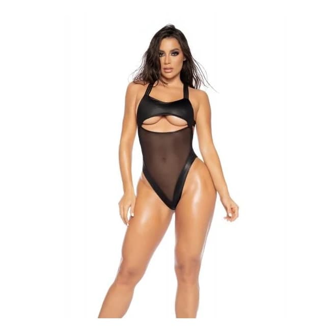 Mesh & Wet Look Underboob Cut Out Bodysuit, image 1