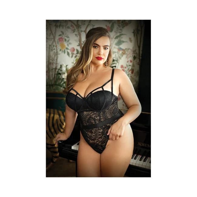 Moonlight Cage Lace Push up Teddy with Snap Closure 3x/4x Black, image 1