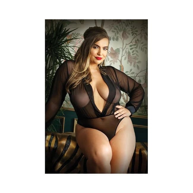 Moonlight Long Sleeved Sheer Bodysuit with Snap Closure 3x/4x Black, image 1