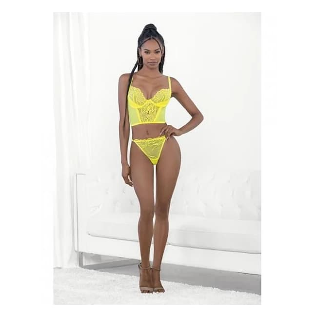 Neon Lace Corset Top w/ Ring Accent & Panty Neon Lime Md, image 1
