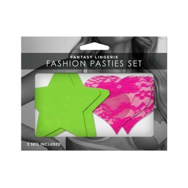 Neon Pasties 2-Pack Neon Green Solid Star Neon Pink Lace, image 1