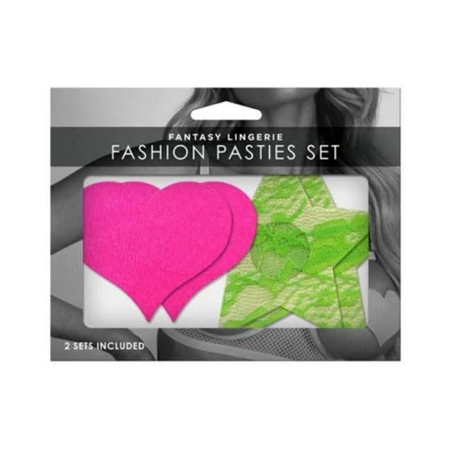 Neon Pasties 2-Pack Neon Pink Solid Heart Neon Green Lace Star, image 1