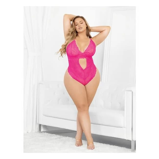 Neons Keyhole Front Teddy w/ Tanga Back Neon Pink 2x/3x, image 1