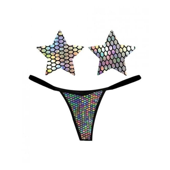 Neva Nude Naughty Knix Mirrored Mayhem Holographic G-String & Pasties - Black O/S, image 1