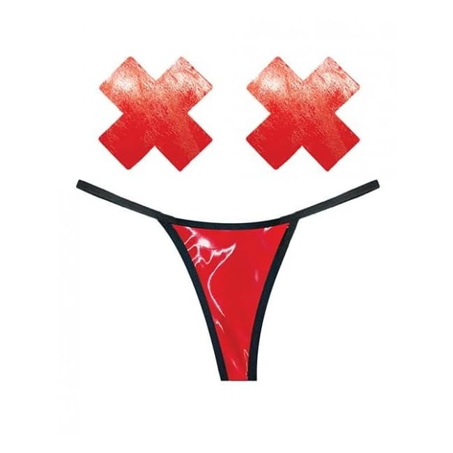 Neva Nude Naughty Knix Vixen Wet Vinyl G-String & Pasties - Red O/S, image 1