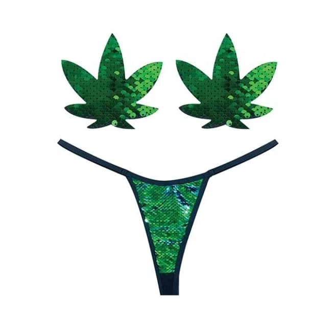 Neva Nude Naughty Knix Weed Leaf Sequin G-string & Pasties - Green O/s - Image 1 Neva Nude Naughty Knix Weed Leaf Sequin G-string & Pasties - Green O/s - Image 1