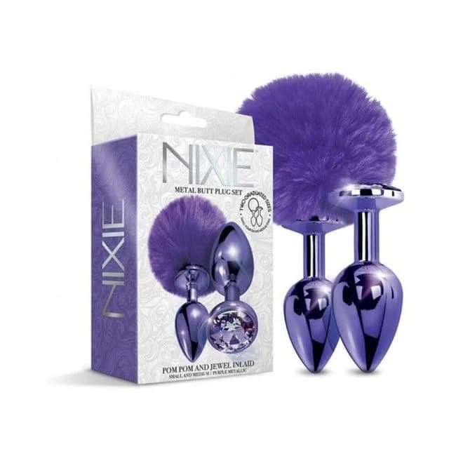 Nixie Metal Butt Plug Set Pom Pom and Jewel-Inlaid Metallic, image 1