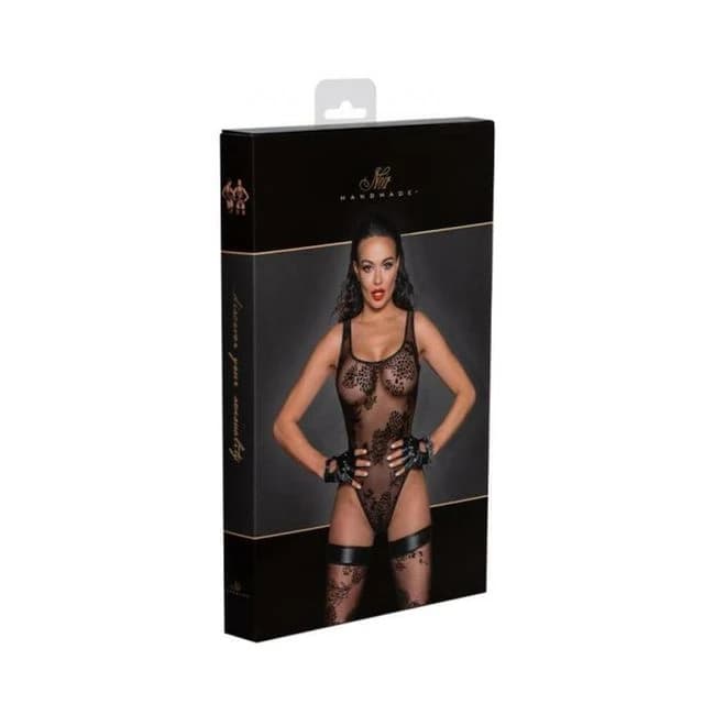 Noir Handmade Tulle Bodysuit with Patterned Flock Embroidery, image 1