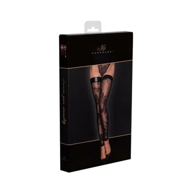 Noir Handmade Tulle Stockings with Patterned Flock Embroidery, image 1