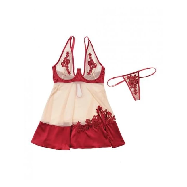 Nylon, Satin Babydoll Underwire Cups & G-String Red Nude Md, image 1