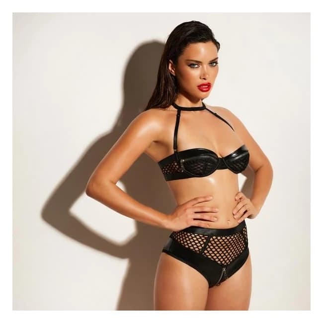 Oh L L Chri Fearless Faux Leather and Fishnet 2-Piece Set with Functional Zipper Details, image 1