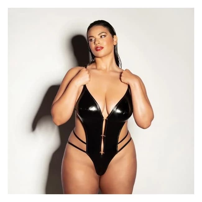 Oh L L Chri Whipped Soft Cup Open Gusset Vinyl Teddy with Barbell Trim Details Queen Size, image 1