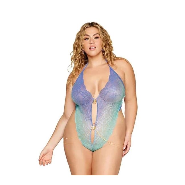 Ombre Stretch Lace Teddy W/ Butterfly Charms Lavender Haze /Seafoam Osq, image 1