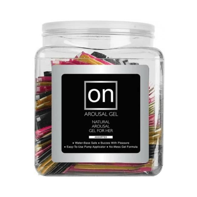 On for Her Arousal Gel Single Use 100 Packet Tub Asst. Flavor, image 1