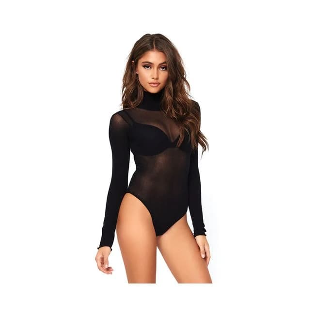 Opaque High Neck Long Sleeved Bodysuit with Snap Crotch O/S Black, image 1