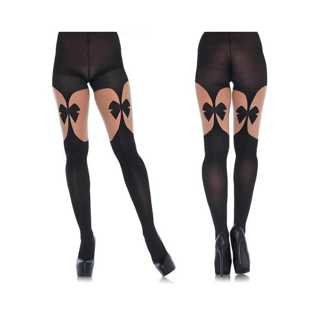 Opaque Illusion Garterbelt Tights with Front & Back Bow O/S Black/nude, image 1