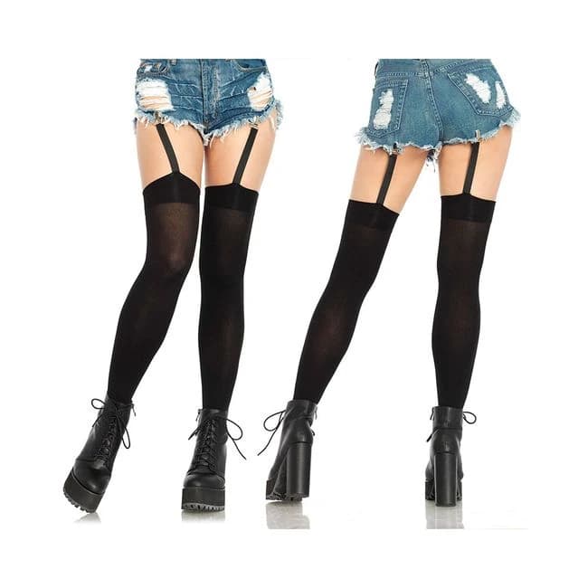 Opaque Thigh Highs Attached Clip Garter O/S Black, image 1