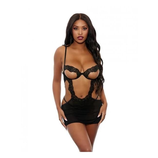 Open Cut Underwire Lace & Mesh Chemise w/ G-string Black Md, image 1