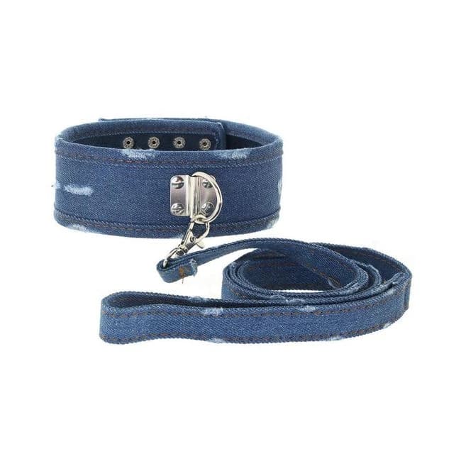 Ouch! Denim Collar - with Leash - Roughened Denim Style - Blue, image 1