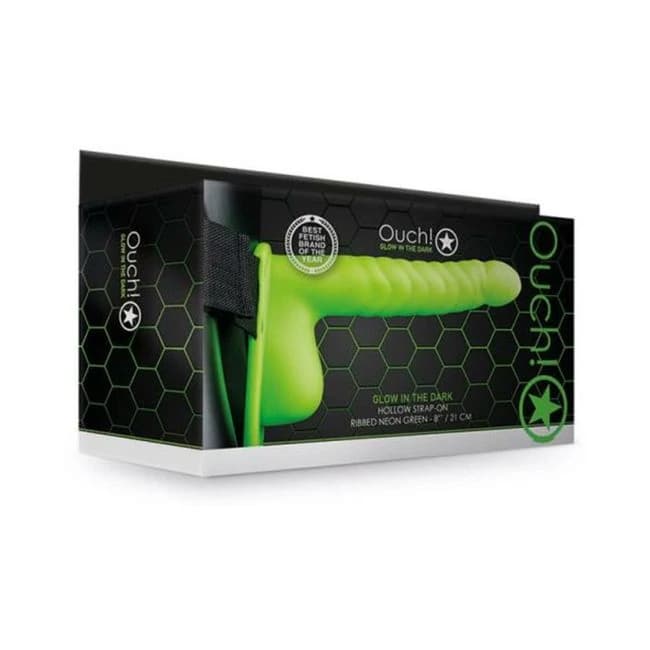 Ouch! Ribbed Hollow Strap-on with Balls 8 In. G.i.t.d., image 1