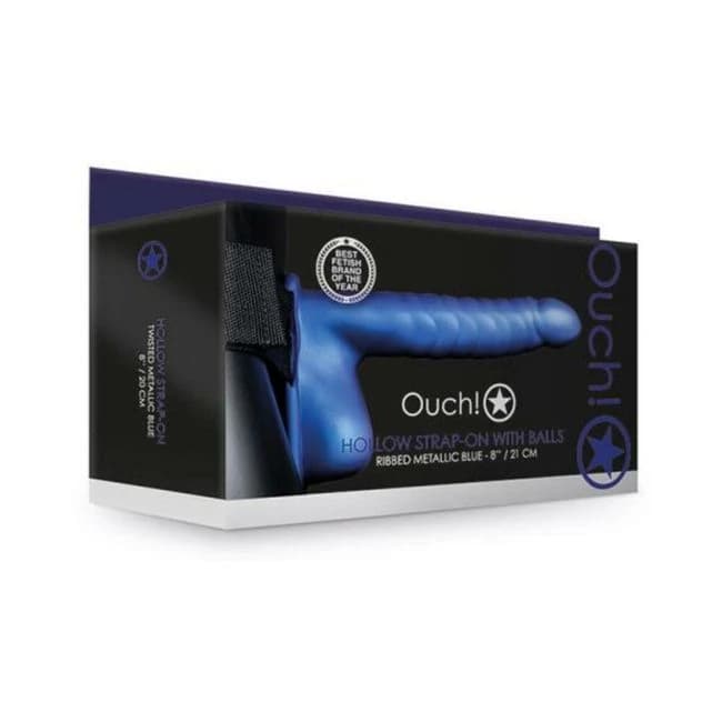 Ouch! Ribbed Hollow Strap-on with Balls 8 In. Metallic Blue, image 1
