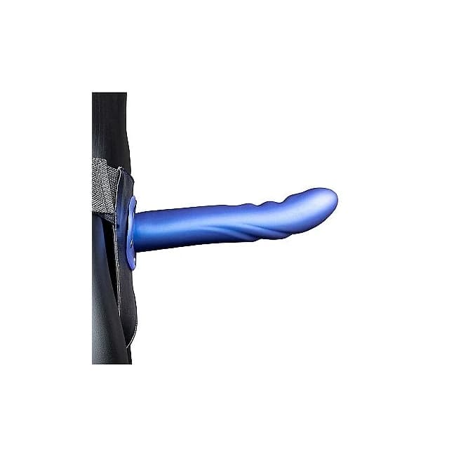 Ouch! Textured Curved Hollow Strap-on 8in Metallic Blue - Image 1 Ouch! Textured Curved Hollow Strap-on 8in Metallic Blue - Image 1
