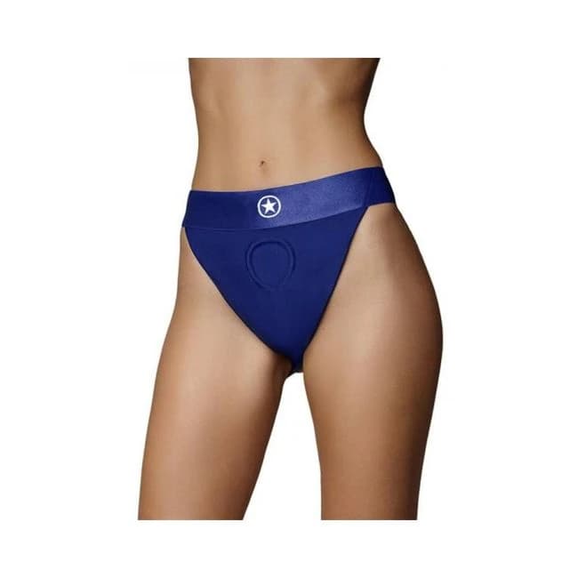 Ouch! Vibrating Strap-on Panty Harness with Open Royal Blue Black Xs/s, image 1