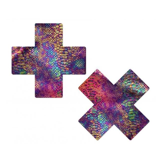Pastease Plus X Neon Rainbow Tie Dye Snake Print Cross Nipple Pasties, image 1