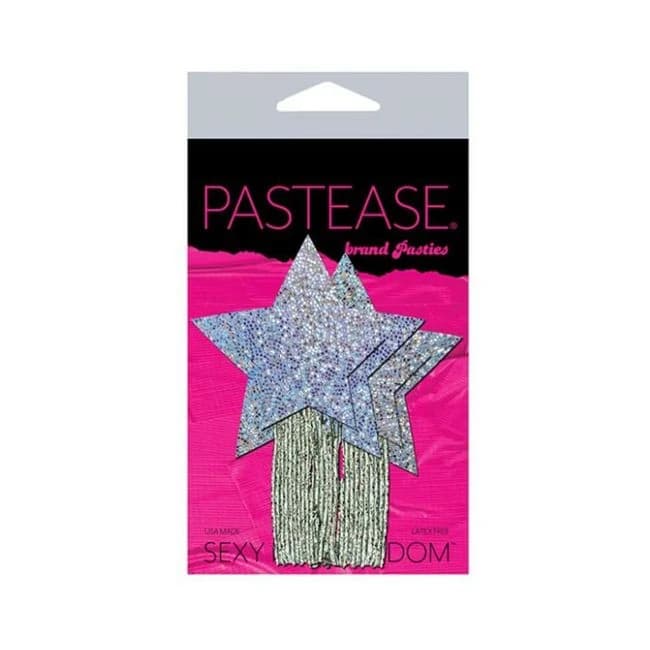 Pastease Tassel Pasties: Black Glitter Star Pastease with Long Fringe Nipple Pasties, image 1