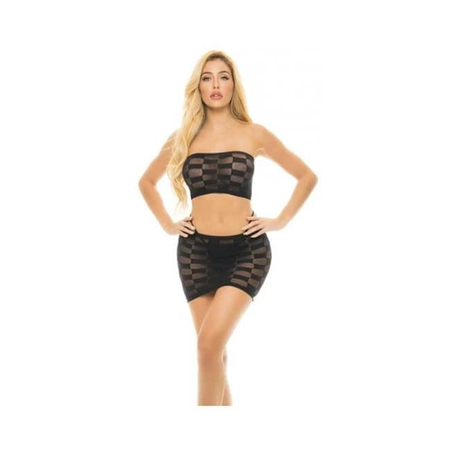 Pink Lipstick Checkered up Bandeau Bra & Skirt Black O/S, image 1