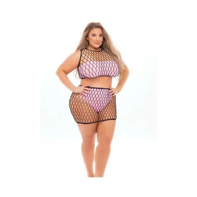 Pink Lipstick Crave You Large Fshnet Cami Top, Skrt, Bandeau Top & Pnty (Fits up to 3x) Pink Qn, image 1