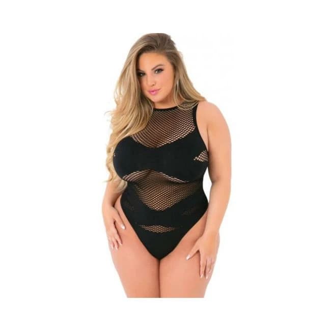 Pink Lipstick Criss Cross Fishnet Bodysuit Black Qn, image 1
