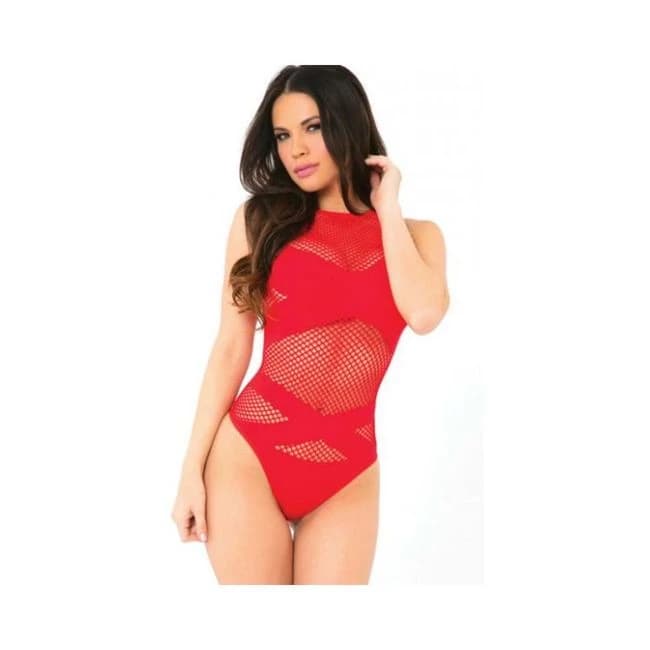 Pink Lipstick Criss Cross Fishnet Bodysuit, image 1