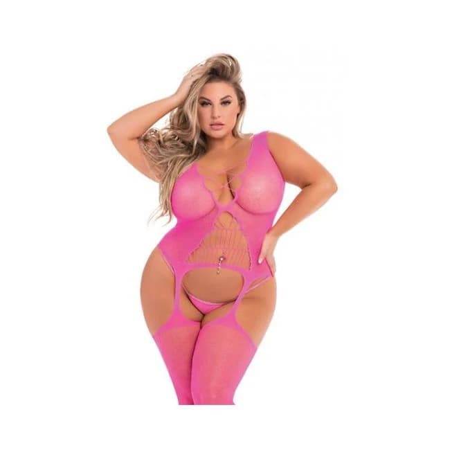 Pink Lipstick Flight Risk Sheer Bodystocking Pink 1x-3x, image 1
