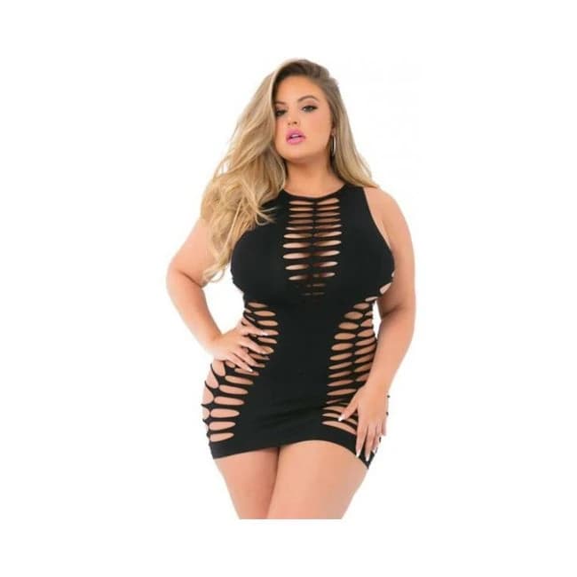 Pink Lipstick High Neck Shredded Seamless Dress Black Qn - Image 1 Pink Lipstick High Neck Shredded Seamless Dress Black Qn - Image 1