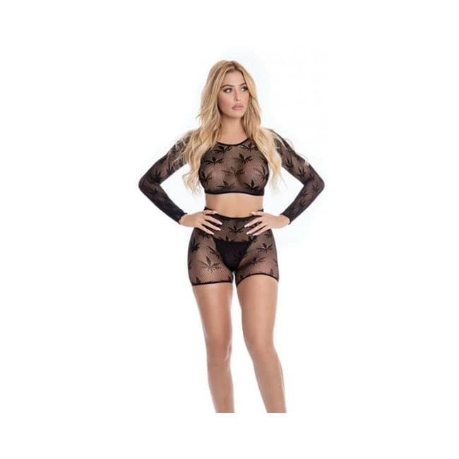 Pink Lipstick Leaf It to Me Long Sleeve Crop Top & Short Black Qn, image 1