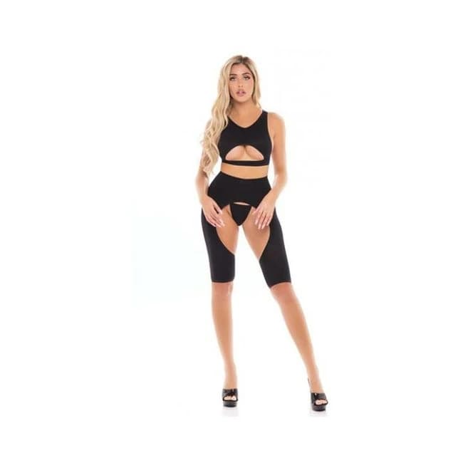 Pink Lipstick Leg up Chap Style Short, Bra & G-String Black O/S, image 1