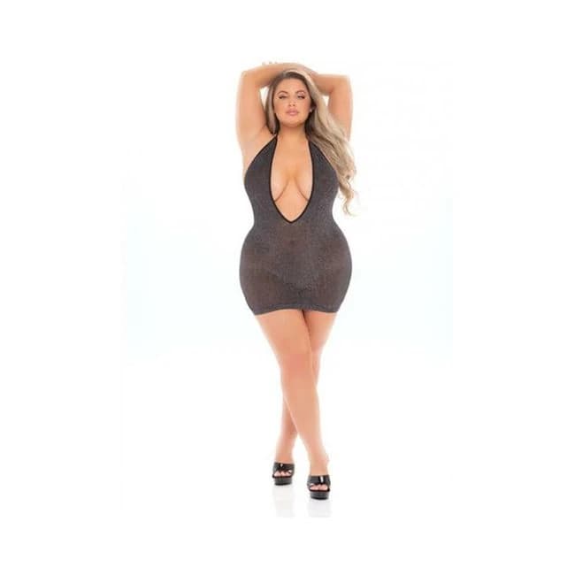 Pink Lipstick Love Bite Plunge Halter Dress (Fits up to 3x) Black Qn, image 1