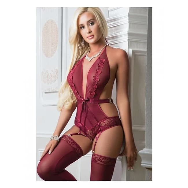 Plunging Halter Teddy w/ Stockings - Magenta Purple O/S, image 1