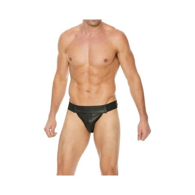 Premium Leather Plain Front Zip Jock L/XL Black, image 1