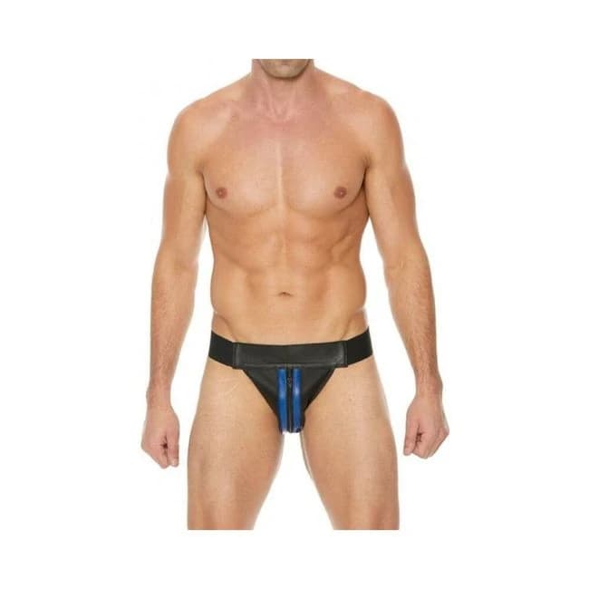 Premium Leather Zipper Front Jock Black/blue, image 1