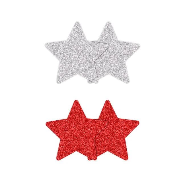 PRETTY PASTIES GLITTER STARS RED/SILVER 2 PAIR - Image 1 PRETTY PASTIES GLITTER STARS RED/SILVER 2 PAIR - Image 1