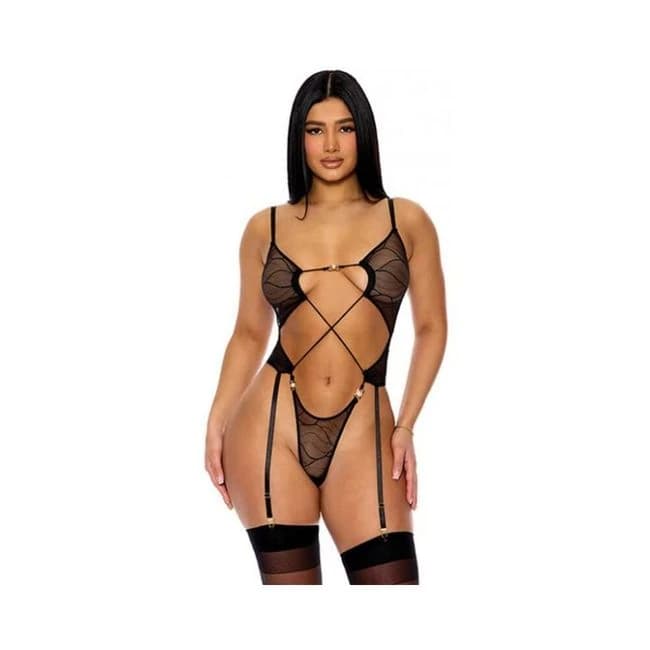Pull My Strings Sheer Mesh Teddy w/ Garters & Faux Pearl Details - Black Md, image 1
