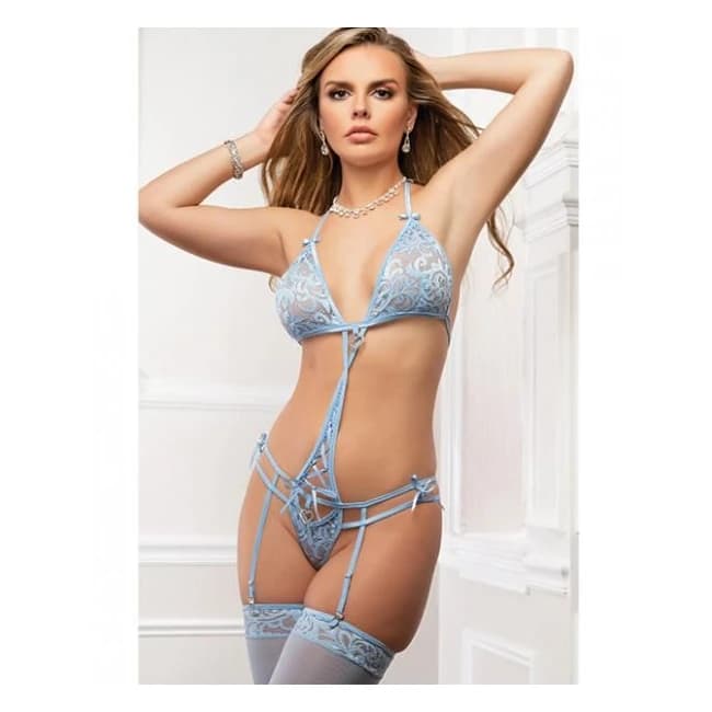 Queen of Hearts Lace up Garter Teddy & Stockings Sky Blue O/S, image 1