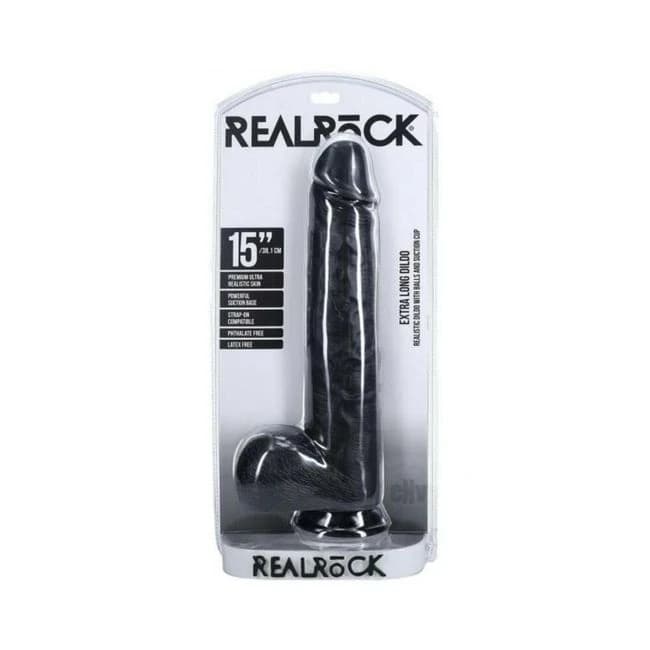 Realrock Extra Long 15 In. Dildo with Balls Black - Image 1