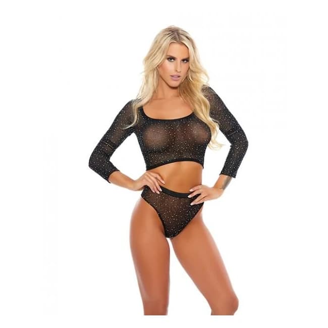 Rhinestone Crop Top w/ High Waist Panty Black O/S, image 1