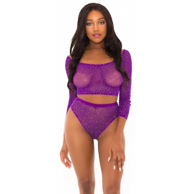 Rhinestone Crop Top with Matching Panty Puple O/S, image 1