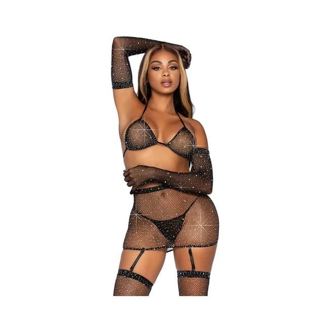 Rhinestone, Fishnet Garter Skirt, Bikini Top, G-String, Gloves, Stocking Black Os, image 1