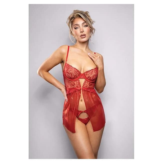 Ruby Shimmer Lace & Mesh Babydoll W/panty - Red L/xl - Image 1